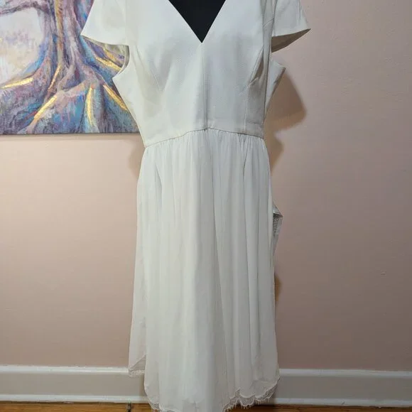 Dress The Population Corey Dress Size XXL White Cap Sleeve V Neck Eyelash Hem - Picture 2 of 12